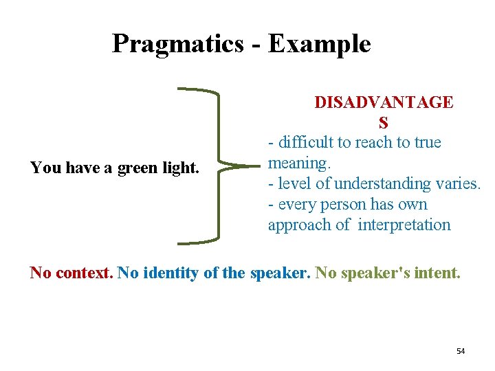 Pragmatics - Example You have a green light. DISADVANTAGE S - difficult to reach