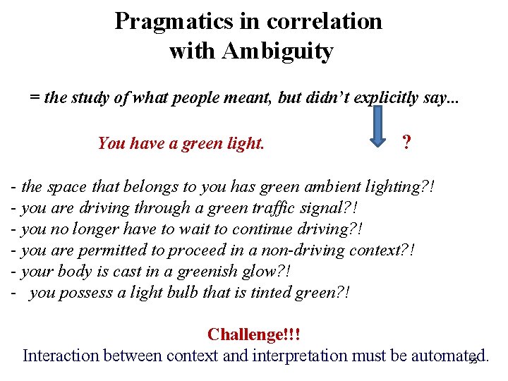 Main Concepts - II Pragmatics in correlation with Ambiguity = the study of what