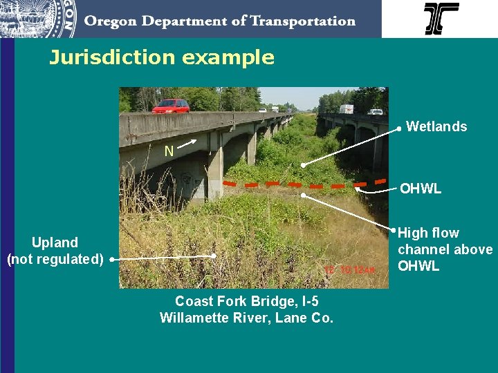 Jurisdiction example Wetlands N OHWL High flow channel above OHWL Upland (not regulated) Coast