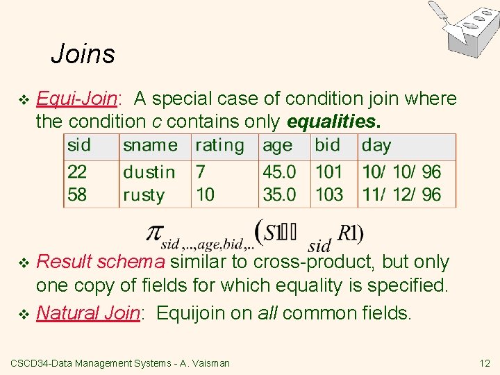 Joins v Equi-Join: A special case of condition join where the condition c contains