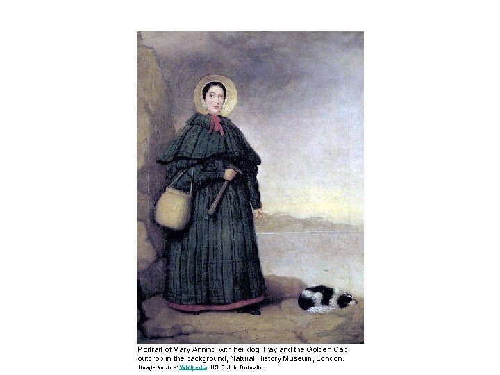 Portrait of Mary Anning with her dog Tray and the Golden Cap outcrop in