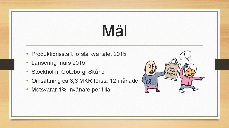 Mål • • • Produktionsstart första kvartalet 2015 Lansering mars 2015 Stockholm, Göteborg, Skåne