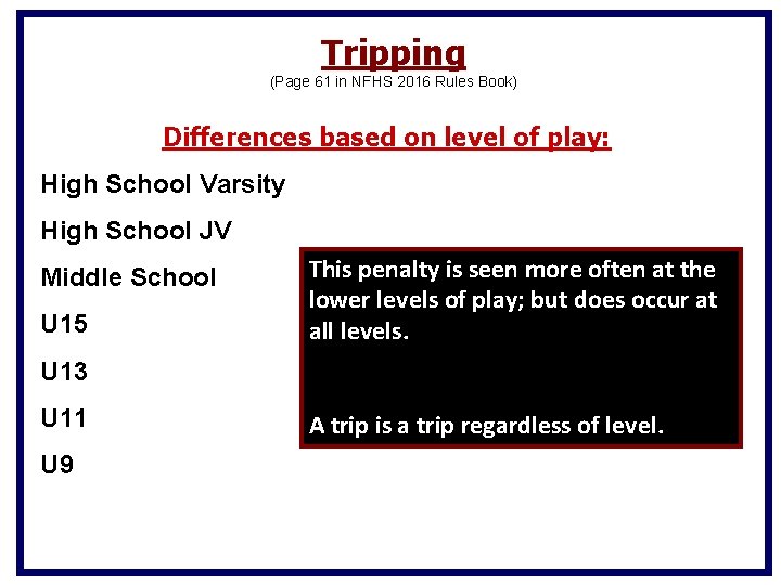 Tripping (Page 61 in NFHS 2016 Rules Book) Differences based on level of play: Tripping (Page 61 in NFHS 2016 Rules Book) Differences based on level of play: