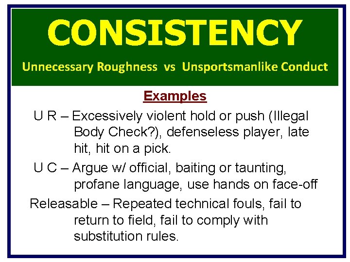 CONSISTENCY Unnecessary Roughness vs Unsportsmanlike Conduct Examples U R – Excessively violent hold or CONSISTENCY Unnecessary Roughness vs Unsportsmanlike Conduct Examples U R – Excessively violent hold or