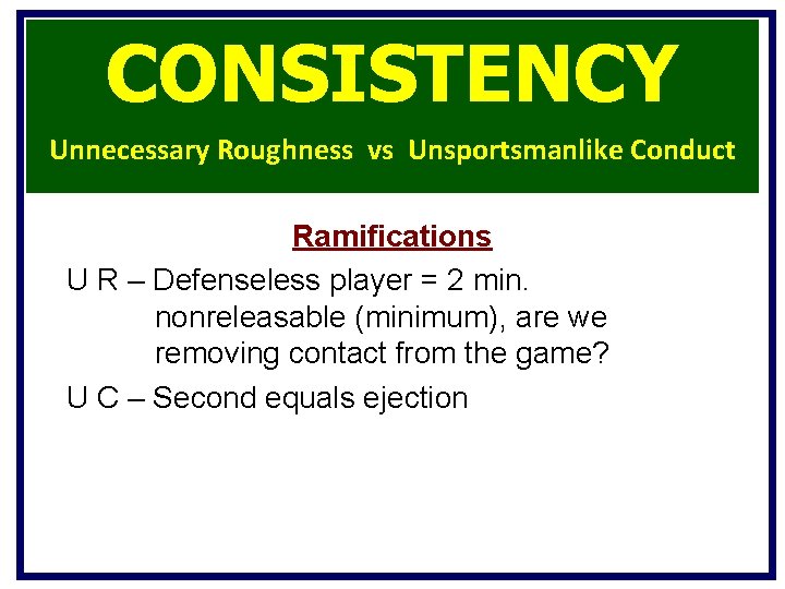 CONSISTENCY Unnecessary Roughness vs Unsportsmanlike Conduct Ramifications U R – Defenseless player = 2 CONSISTENCY Unnecessary Roughness vs Unsportsmanlike Conduct Ramifications U R – Defenseless player = 2