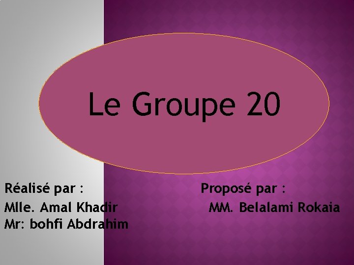 Le Groupe 20 Réalisé par : Mlle. Amal Khadir Mr: bohfi Abdrahim Proposé par