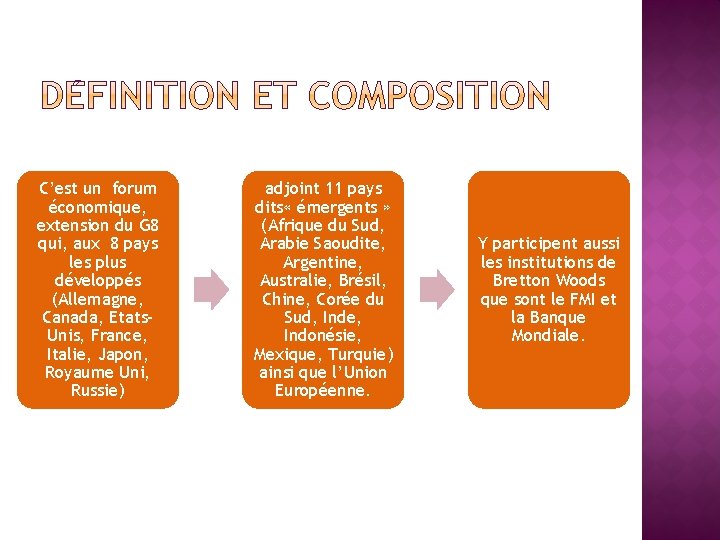 C’est un forum économique, extension du G 8 qui, aux 8 pays les plus