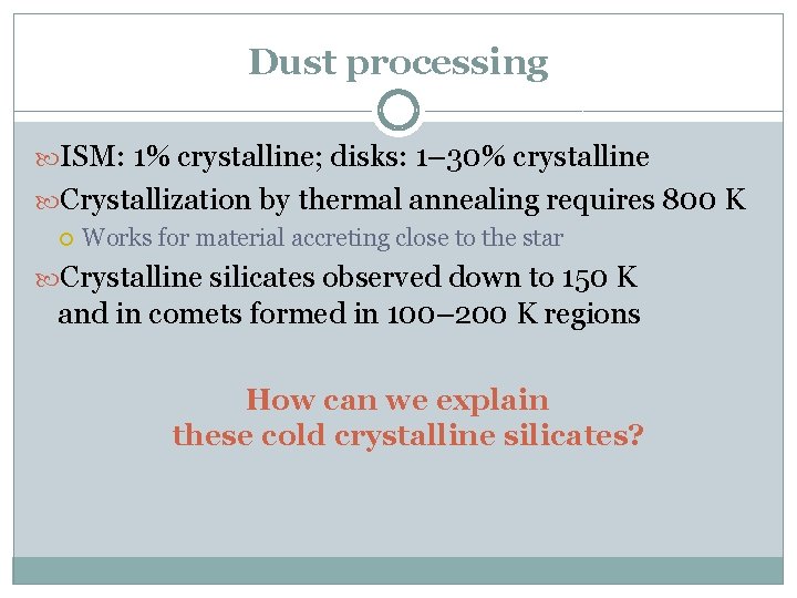 Dust processing ISM: 1% crystalline; disks: 1– 30% crystalline Crystallization by thermal annealing requires