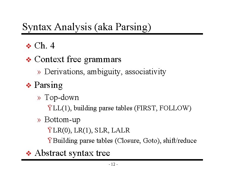 Syntax Analysis (aka Parsing) Ch. 4 v Context free grammars v » Derivations, ambiguity,
