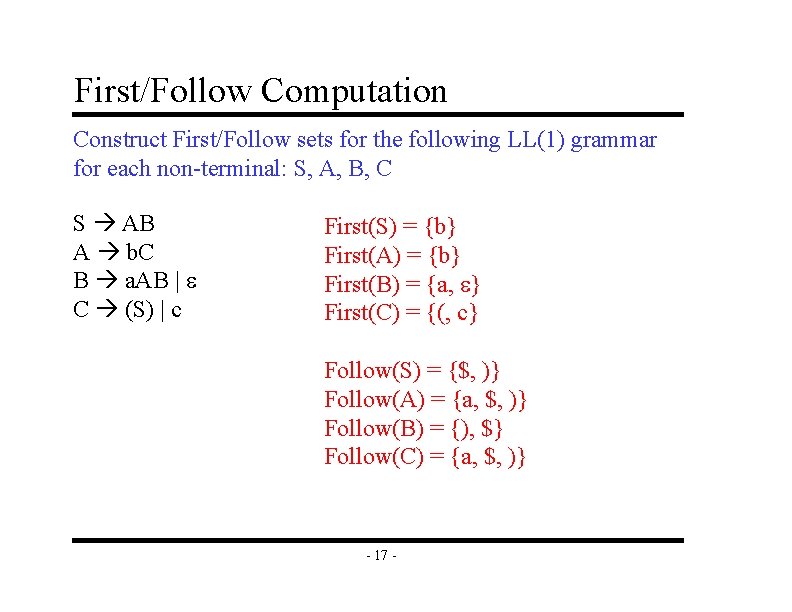 First/Follow Computation Construct First/Follow sets for the following LL(1) grammar for each non-terminal: S,
