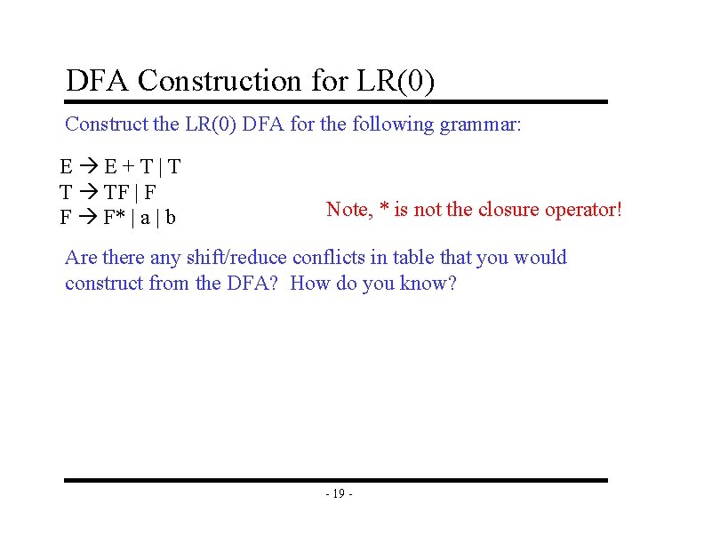 DFA Construction for LR(0) Construct the LR(0) DFA for the following grammar: E E+T|T