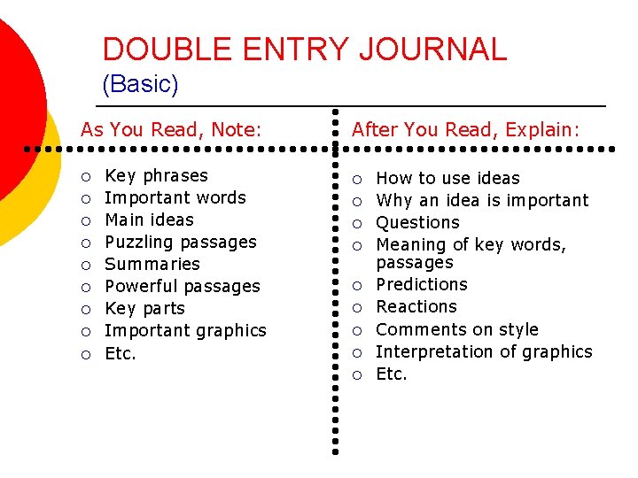 DOUBLE ENTRY JOURNAL (Basic) As You Read, Note: ¡ ¡ ¡ ¡ ¡ Key