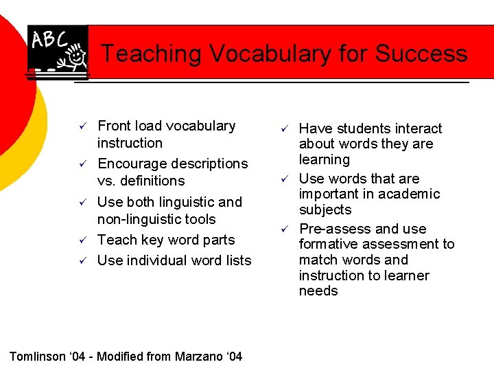 Teaching Vocabulary for Success ü ü ü Front load vocabulary instruction Encourage descriptions vs.