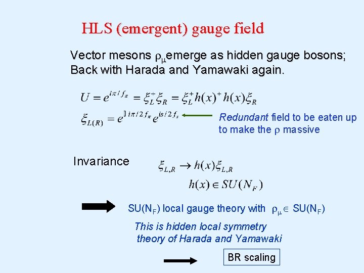 HLS (emergent) gauge field Vector mesons rmemerge as hidden gauge bosons; Back with Harada