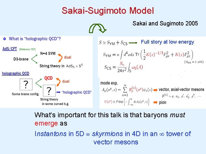 Sakai-Sugimoto Model Sakai and Sugimoto 2005 Full story at low energy What’s important for