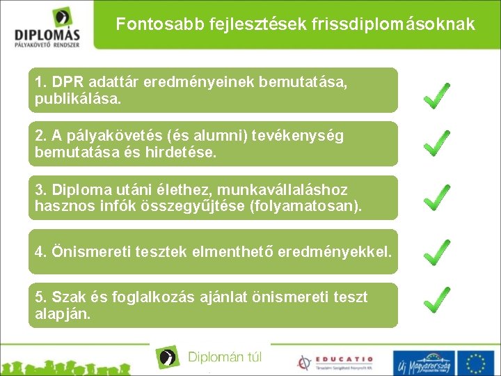 Fontosabb fejlesztések frissdiplomásoknak 1. DPR adattár eredményeinek bemutatása, publikálása. 2. A pályakövetés (és alumni)