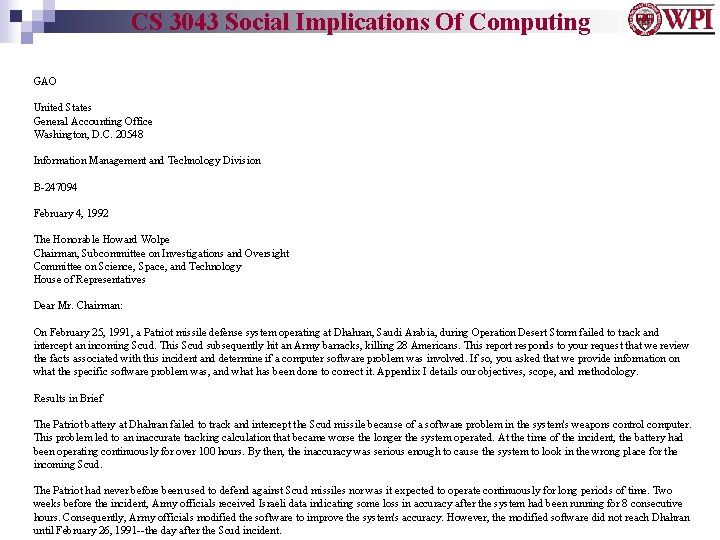 CS 3043 Social Implications Of Computing GAO United States General Accounting Office Washington, D.