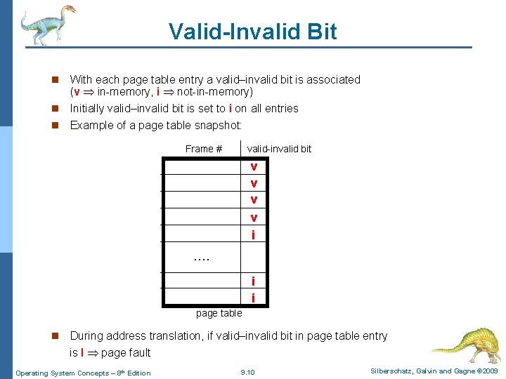 Valid-Invalid Bit n With each page table entry a valid–invalid bit is associated (v