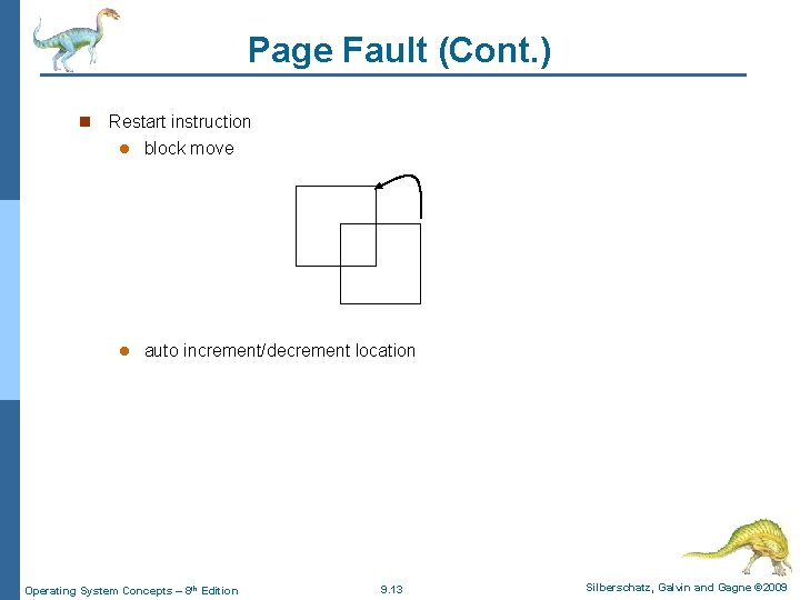 Page Fault (Cont. ) n Restart instruction l block move l auto increment/decrement location