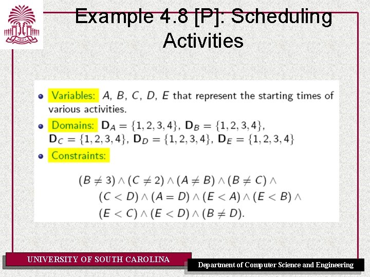 Example 4. 8 [P]: Scheduling Activities UNIVERSITY OF SOUTH CAROLINA Department of Computer Science