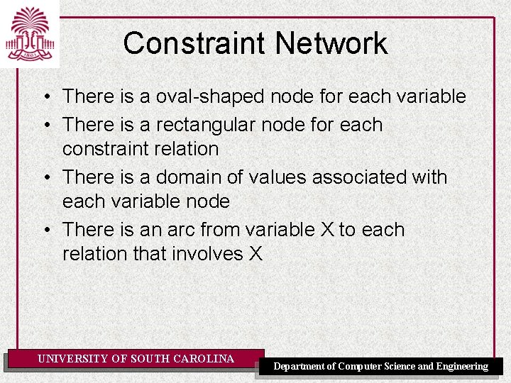 Constraint Network • There is a oval-shaped node for each variable • There is