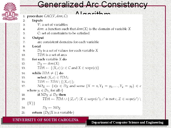 Generalized Arc Consistency Algorithm UNIVERSITY OF SOUTH CAROLINA Department of Computer Science and Engineering