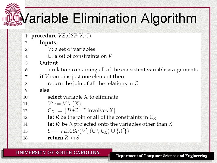 Variable Elimination Algorithm UNIVERSITY OF SOUTH CAROLINA Department of Computer Science and Engineering 
