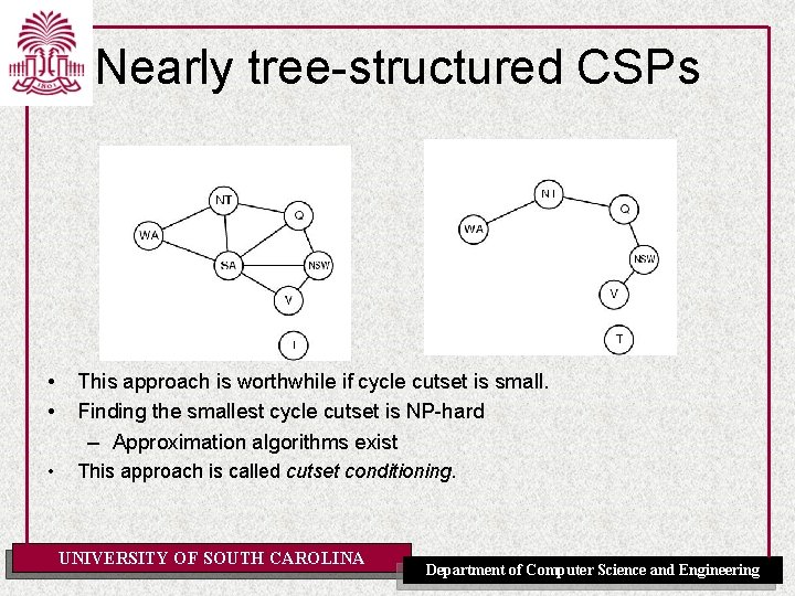 Nearly tree-structured CSPs • • This approach is worthwhile if cycle cutset is small.