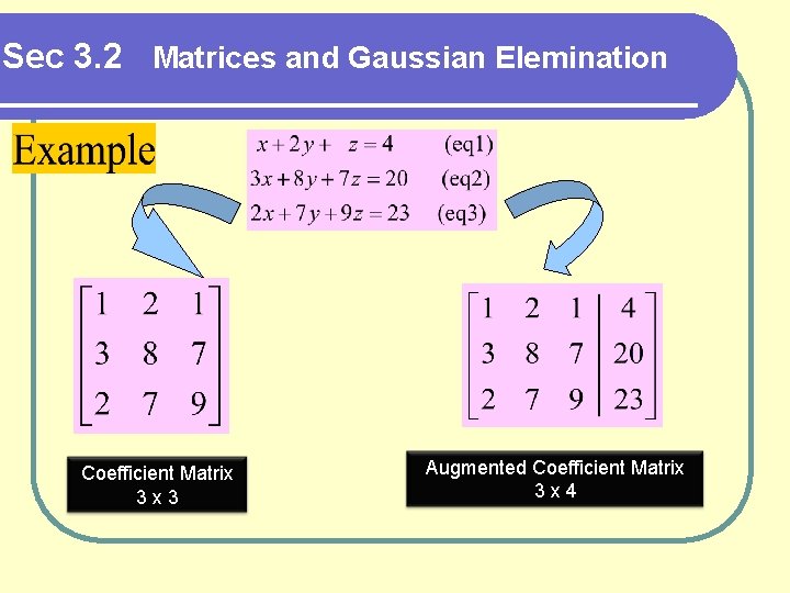 Sec 3. 2 Matrices and Gaussian Elemination Coefficient Matrix 3 x 3 Augmented Coefficient