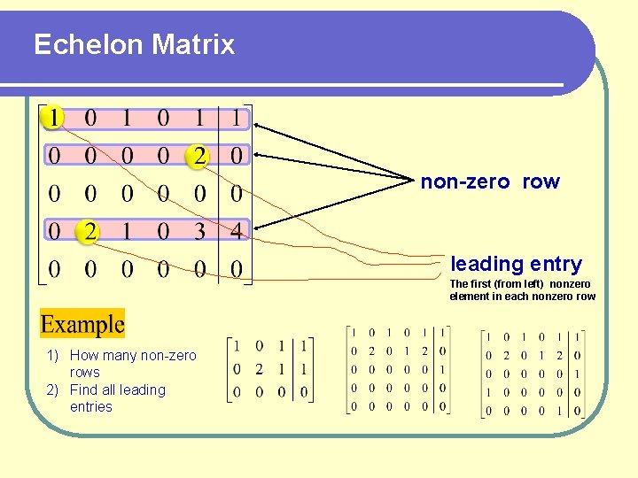 Echelon Matrix non-zero row leading entry The first (from left) nonzero element in each