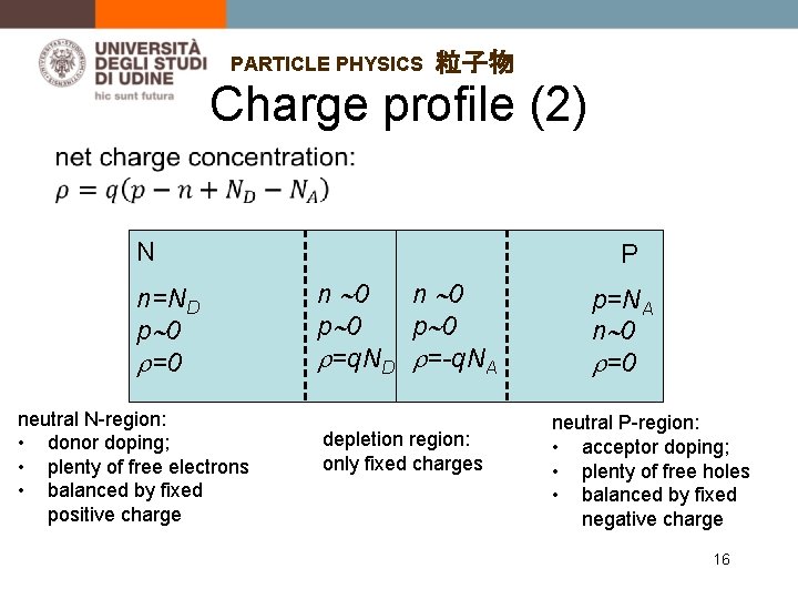 PARTICLE PHYSICS 粒子物 Charge profile (2) N n=ND p 0 =0 neutral N-region: •
