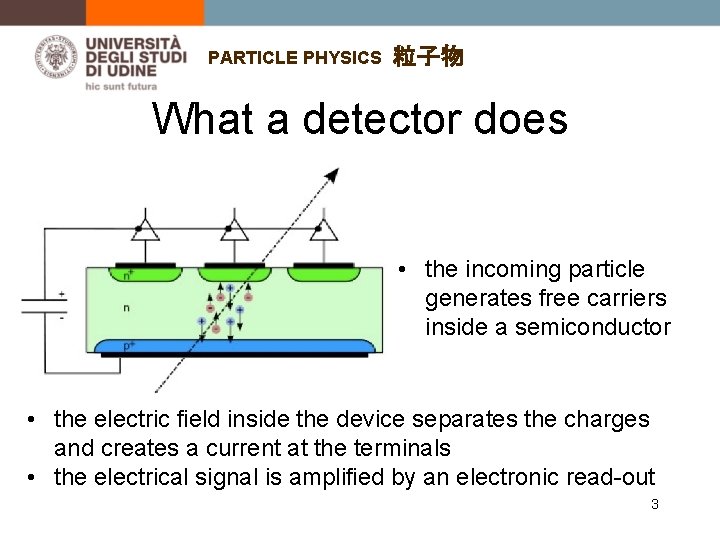 PARTICLE PHYSICS 粒子物 What a detector does • the incoming particle generates free carriers