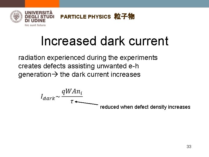 PARTICLE PHYSICS 粒子物 Increased dark current radiation experienced during the experiments creates defects assisting