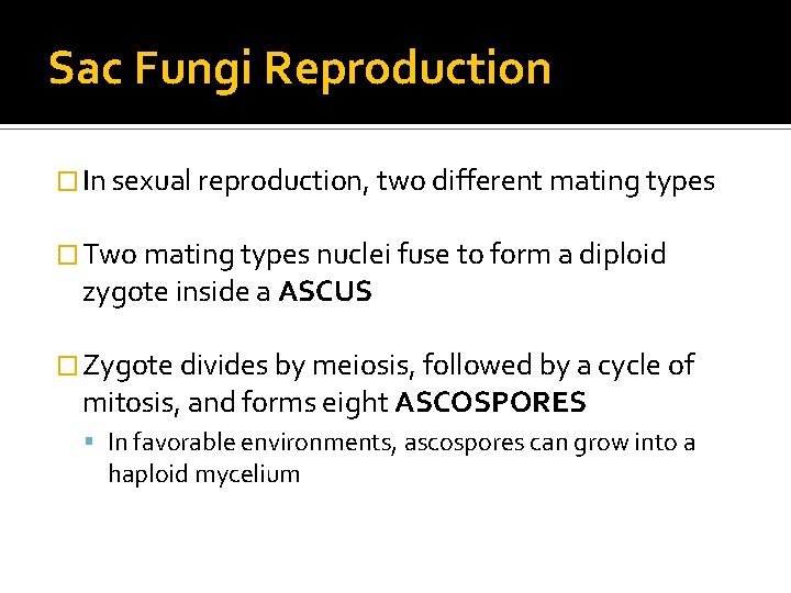 Sac Fungi Reproduction � In sexual reproduction, two different mating types � Two mating
