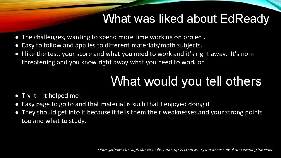 What was liked about Ed. Ready The challenges, wanting to spend more time working
