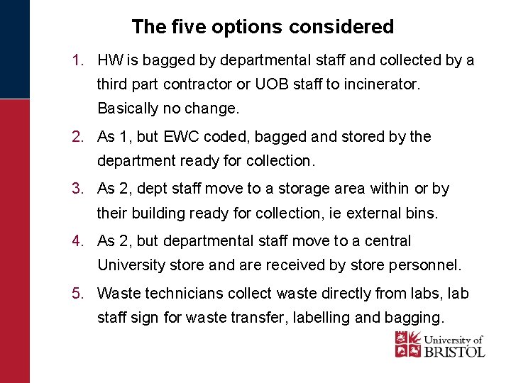 The five options considered 1. HW is bagged by departmental staff and collected by