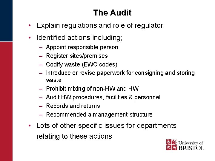 The Audit • Explain regulations and role of regulator. • Identified actions including; –