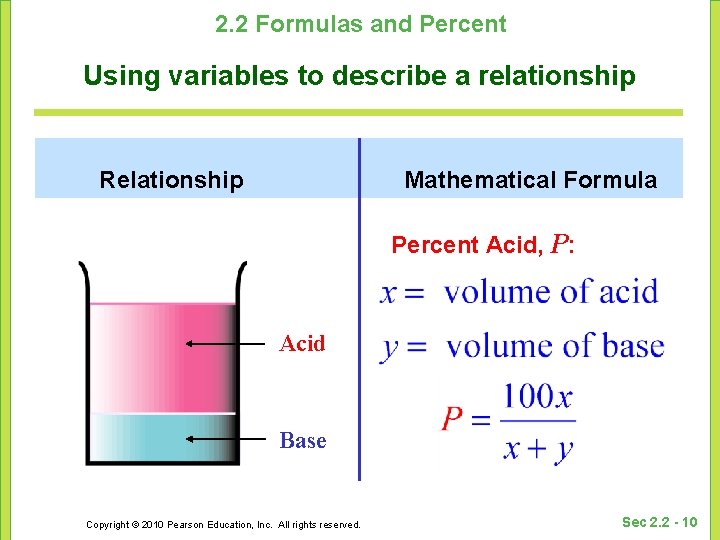 2. 2 Formulas and Percent Using variables to describe a relationship Relationship Mathematical Formula