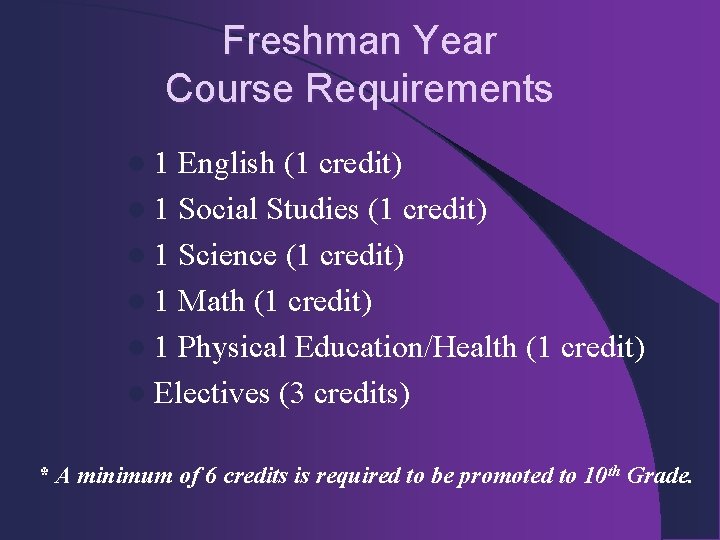 Freshman Year Course Requirements l 1 English (1 credit) l 1 Social Studies (1