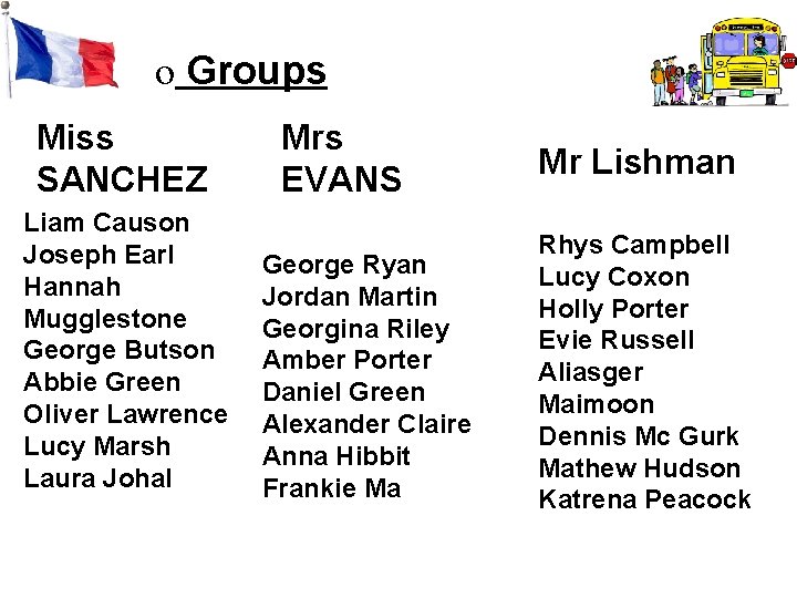o Groups Miss SANCHEZ Liam Causon Joseph Earl Hannah Mugglestone George Butson Abbie Green o Groups Miss SANCHEZ Liam Causon Joseph Earl Hannah Mugglestone George Butson Abbie Green
