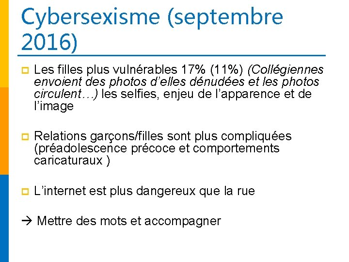 Cybersexisme (septembre 2016) p Les filles plus vulnérables 17% (11%) (Collégiennes envoient des photos