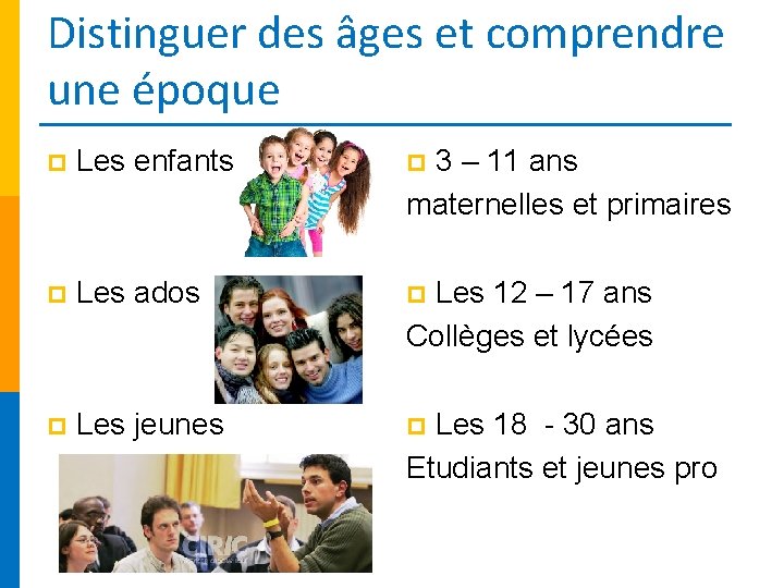 Distinguer des âges et comprendre une époque p Les enfants p 3 – 11