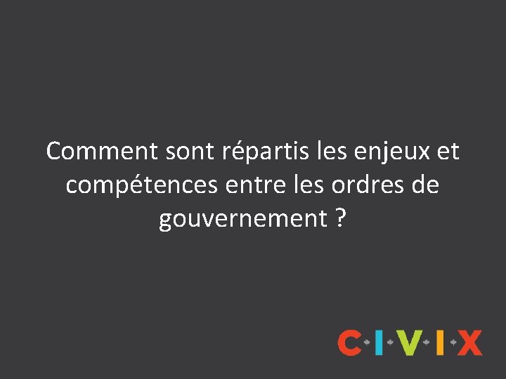 Comment sont répartis les enjeux et compétences entre les ordres de gouvernement ? Comment sont répartis les enjeux et compétences entre les ordres de gouvernement ?