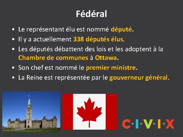 Fédéral • Le représentant élu est nommé député. • Il y a actuellement 338