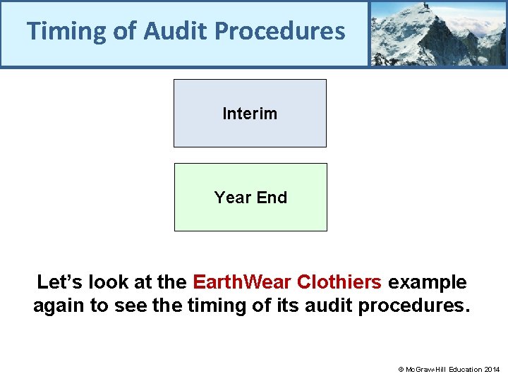 Timing of Audit Procedures Interim Year End Let’s look at the Earth. Wear Clothiers