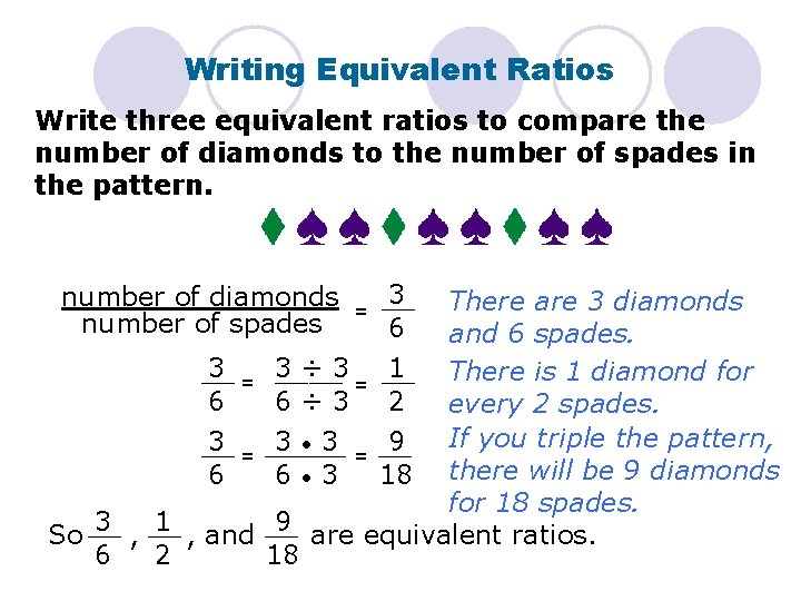 Writing Equivalent Ratios Write three equivalent ratios to compare the number of diamonds to