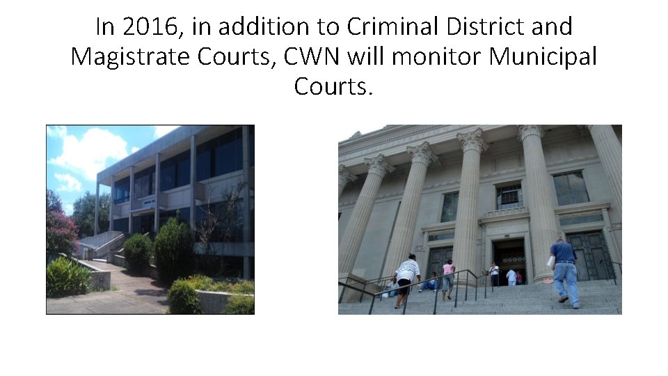 In 2016, in addition to Criminal District and Magistrate Courts, CWN will monitor Municipal