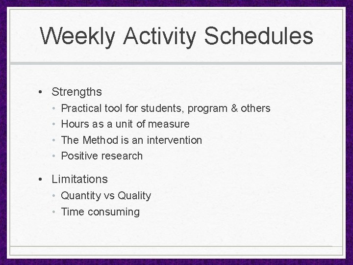 Weekly Activity Schedules • Strengths • • Practical tool for students, program & others