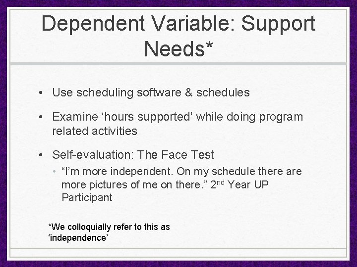 Dependent Variable: Support Needs* • Use scheduling software & schedules • Examine ‘hours supported’