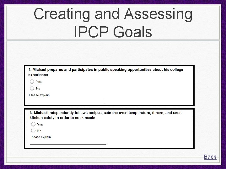 Creating and Assessing IPCP Goals Back 